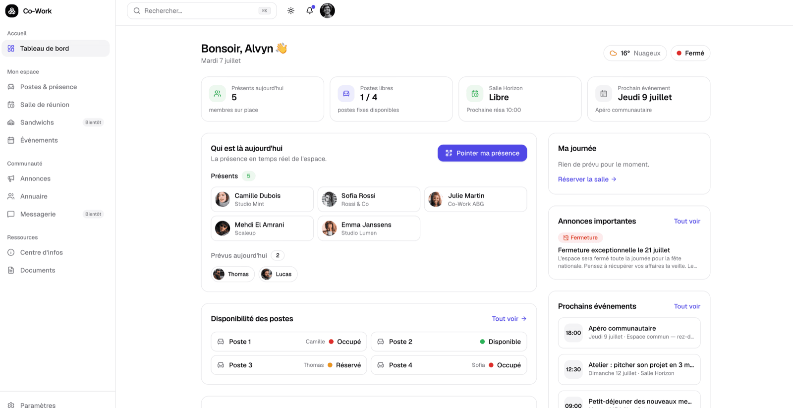 SaaS de gestion pour espace de coworking
